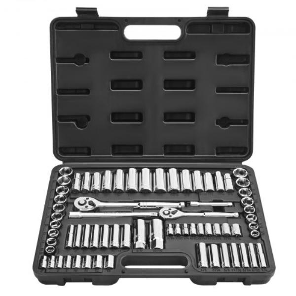 Socket Set - 0.375 & 0.25 in. Drive Socket & Ratchet Set SAE & Metric Deep & Standard Mechanic Tool Kit CR-V Alloy Steel - 69 Piece