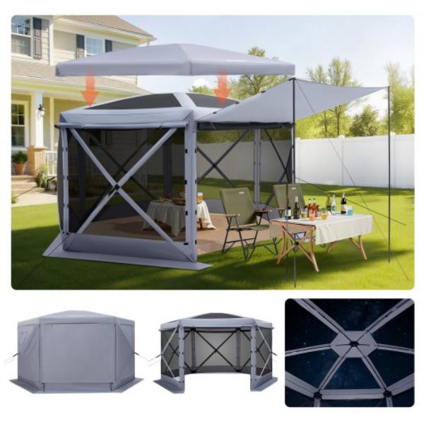 TMZPXKTMK6M19E7LB001V0 12 x 12 ft. Gray Pop up Gazebo Screen Tent - Large 6-Sided Camping Canopy Tent with Removable Top & Carry Bag for 8-10 Persons