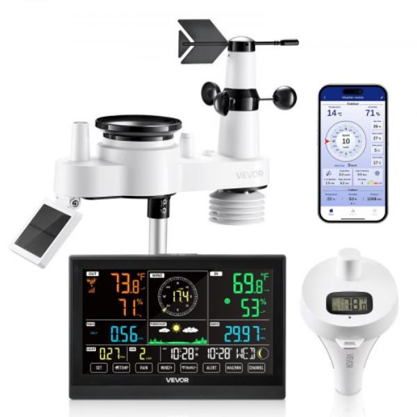 7-in-1 Wi-Fi Weather Station - 7.5 in. Display - Wireless Solar Powered Outdoor Sensor - Pool Thermometer - Rain Gauge - Indoor & Outdoor