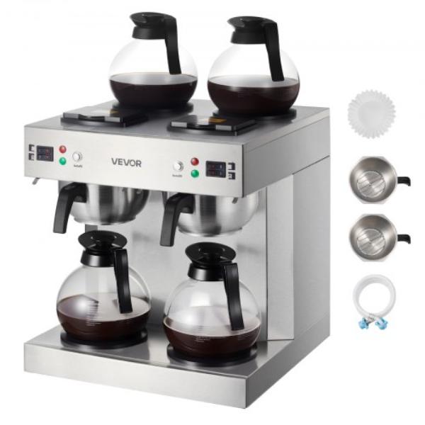 Picture of Vevor BLHSYMSKFJJXVUPW1001V1 Commercial Drip Coffee Maker - Stainless Steel - 4 Glass Carafes - 4 Decanter Warmer Plates - Dual-Head Coffee Brewer - 24 Cups