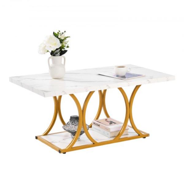 Coffee Table - Modern Faux Marble - 2-Tier Rectangle Center Desk with Geometric Legs for Living Room - Office - Easy Assembly - White