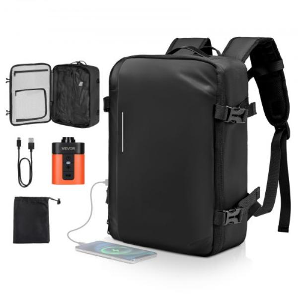 Vacuum Travel Backpack - 35 Liter - Vacuum Seal Compression Travel Backpack with Air Pump - Multiple Pockets & Compartments - Black