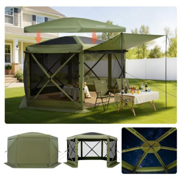 Pop up Gazebo Screen Tent - 12 x 12 ft. 6-Sided Camping Canopy Tent with Removable Top & Carry Bag for 8-10 Persons Backyard Patio - Green