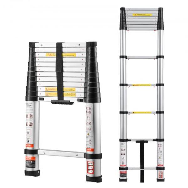 12.5 ft. Telescoping Ladder - Aluminum Lightweight Multi-Purpose Collapsible Extension - Heavy Duty 330 lbs Max - Non-Slip Feet