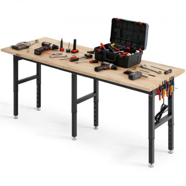 Adjustable Workbench - 5000 lbs - 96 x 24 in. Oak Wood Top Workstation with 4 AC Outlets & 2 USB Ports - Heavy-Duty Hardwood Worktable