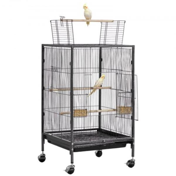 Bird Cage - 18 x 18 x 30 in. - Open Flat Top - Wrought Iron Bird Flight Cage with Perches - Slide-Out Tray & Plastic Feeders - Casters