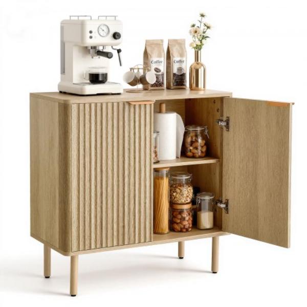 Coffee Bar Cabinet - Mid Century Fluted Coffee Bar Table with 2-Tier Storage - Buffet Stand Cabinet with 2 Barn Door - 31.5 x 14.7 x 31.5 in. - Oak