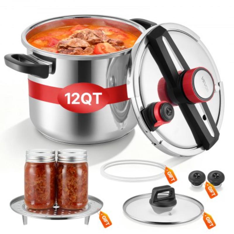 Picture of Vevor LZYLGBXGSBSK7BYSO001V0 Stainless Steel Pressure Cooker - 12 qt. - Pressures Canner with Steaming Rack - Tempered Glass Lid - Three Pressures Settings for Meat - Beans - Rice - Soup - Sauces