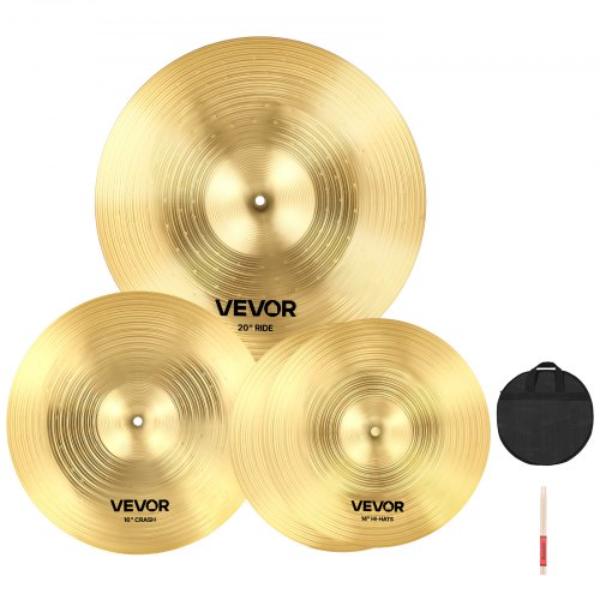 Cymbal Pack - Cymbals for Drum Set - Alloy Cymbals Drum Set Includes 14 in. Hi-Hats - 16 in. Crash - 20 in. Ride - Drumsticks & Cymbal Bag - 3 Piece