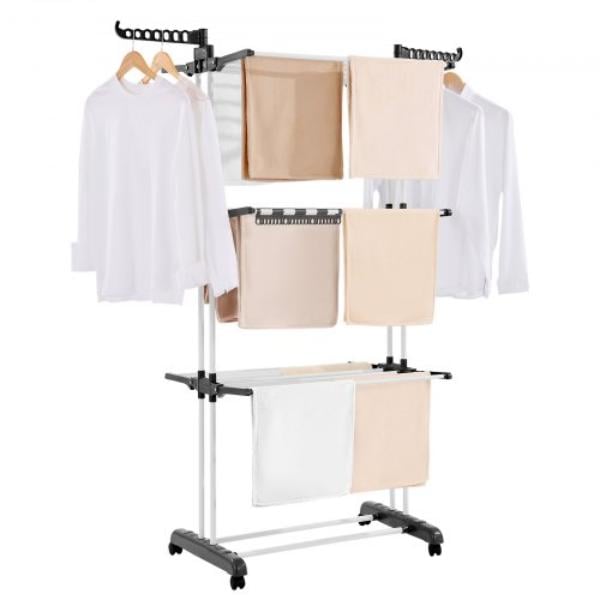 Clothes Drying Rack - 4-Tier Foldable Laundry Dryer Rack - Free-Standing & Portable Hanger with 4 Castors & Two Side Wings for Outdoor & Indoor Use