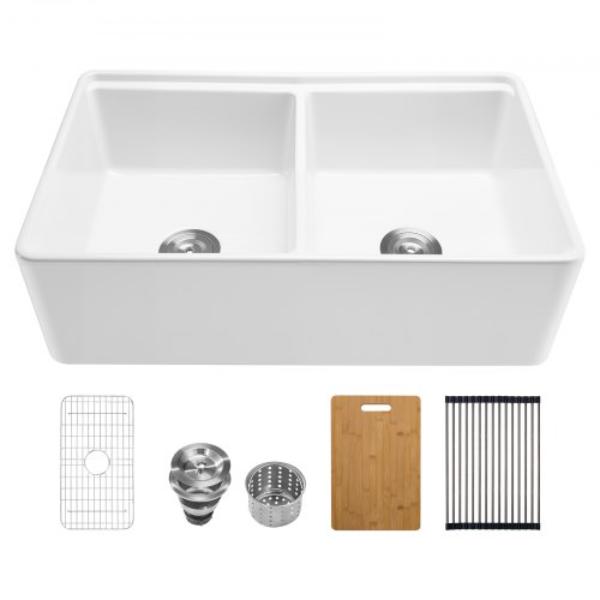 Picture of Vevor ZTNSSCSC33209HWTN001V0 33 x 20 in. Farmhouse Sink - White Sink Workstation - Fireclay Undermount Basins - Apron Front Double Bowl Basin with Multiple Accessories