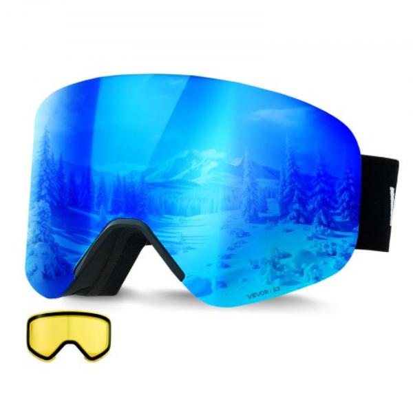 HXJWKHSDCXHJFSFIU001V0 Frameless Ski Goggles - Magnet Cylindrical Lens with Dark Blue Revo Coating - OTG Anti fog Snow Goggles for Men & Women