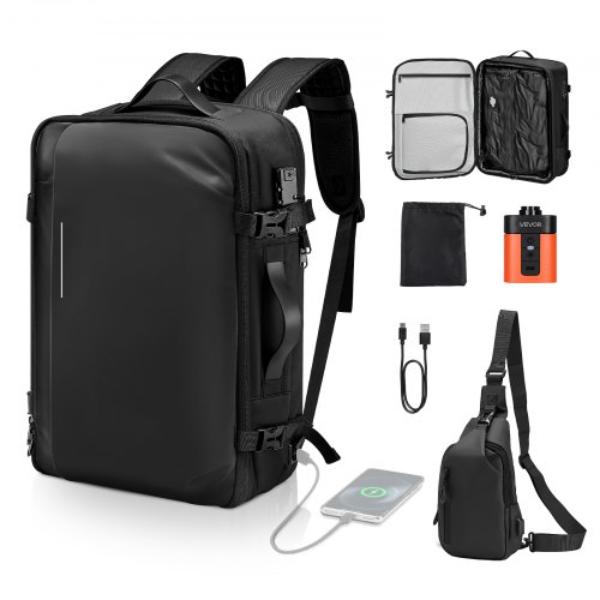 Vacuum Travel Backpack - 65 Liter - Expandable Vacuum Seal Compression Travel Backpack with Pump with TSA-Approved Lock - Airback Vacpack - Black