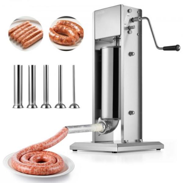 Picture of Vevor SDKGCJLS5L00GQ3T6001V0 Manual Sausage Stuffer - 11 lbs Vertical Meat Stuffer - Dual-Speed Sausage Casing Meat Filling Machine - Stainless Steel Heavy Duty Filler with 5 Stuffing Tubes