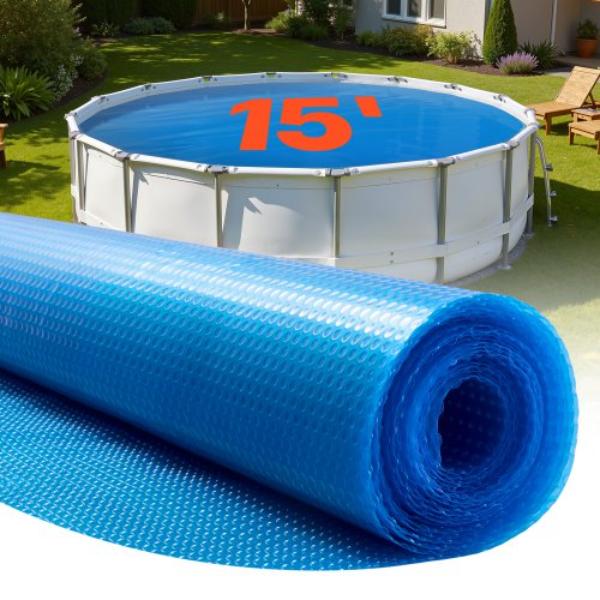 Solar Pool Cover - 15 ft. Round Pool Bubble Cover - 12 Mil Pools Solar Blanket with Bubble & PE Material - Daytime Heat Absorption - Blue