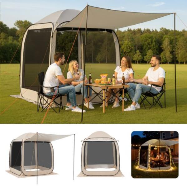 PFZPTMKTY66F16OET001V0 Screen House Tent - 6 x 6 ft. - 4-6 Person Pop Up Screen Tent with Extended Awning - Portable Screened in Canopy - Beige