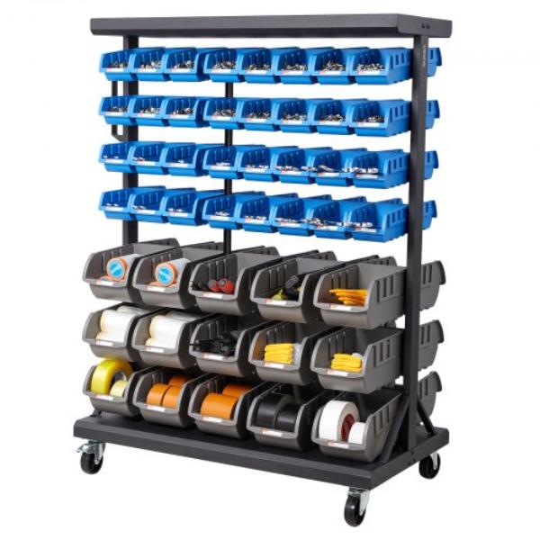7-Tier Double-Sided Rolling Bin Storage Rack - 94 Plastic Bins - Dual-Sided Parts Organizer with Wheels - Mobile Tool Organizer