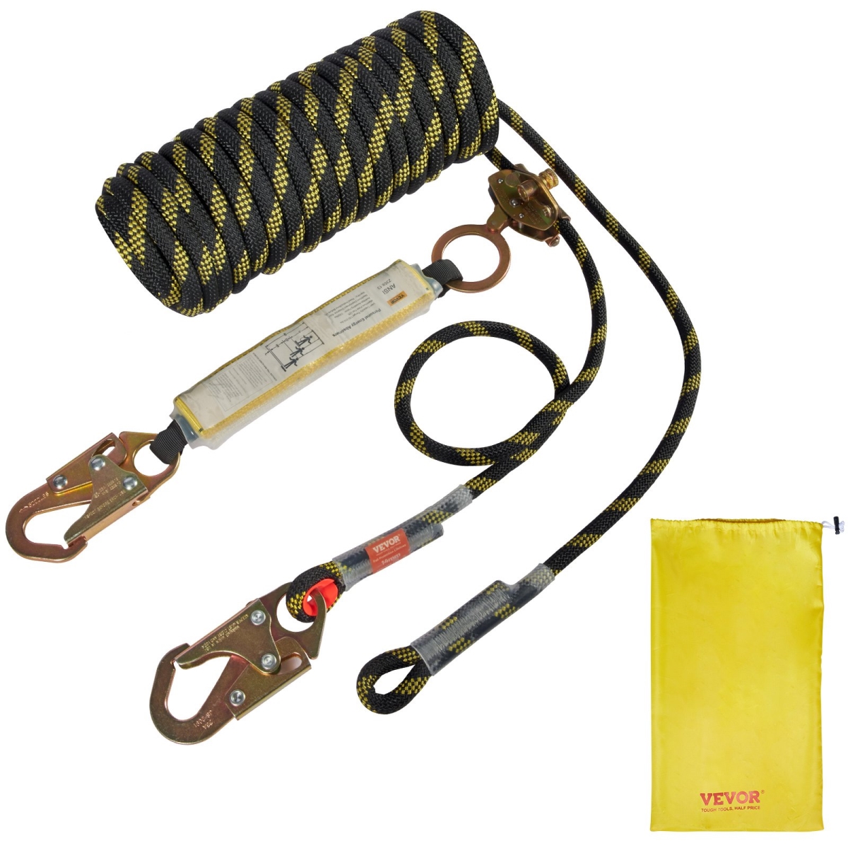 Vertical Lifeline Assembly, 0.55 in. x 50 ft. Fall Protection Rope with 30 KN Breaking Tension, Polyester Roofing Rope with Steel Snap Hooks