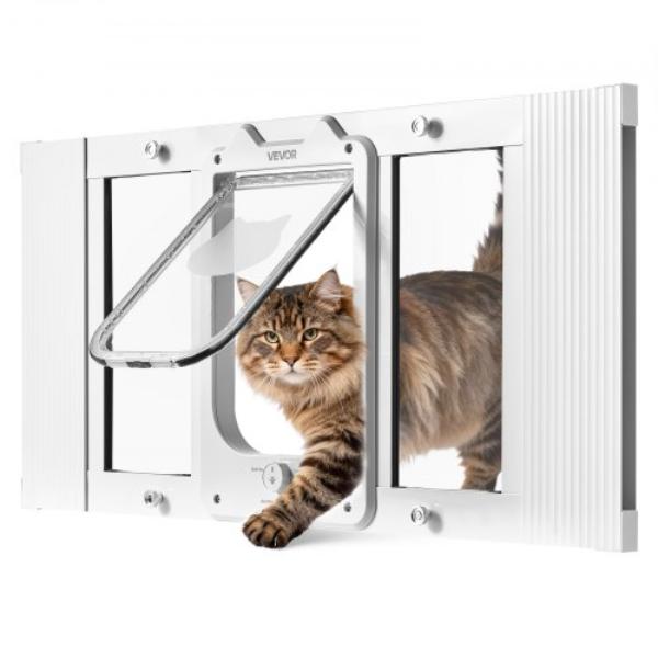 Cat Door for Window - Adjustable 27-32 in. - 4 Lock Modes - Aluminum Frame - High-Transparency Glass - Magnetic Closure - Weatherproof - White
