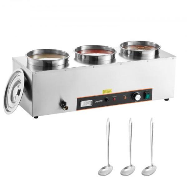 Picture of Vevor DSWPSYTGWFPZKRRM9001V1 Electric Soup Warmer - Three 6.34 qt. Stainless Steel Round Pot - 86-185 deg F Adjustable Temp - 1500W Commercial Bain Marie - Soup Station for Restaurant - Buffet