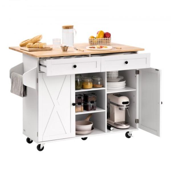 Kitchen Island Cart - with Solid Wood Top & Storage Cabinet - Mobile Rolling Table with Drop Leaf - Drawers - Spice Towel Rack - 52 in. - White