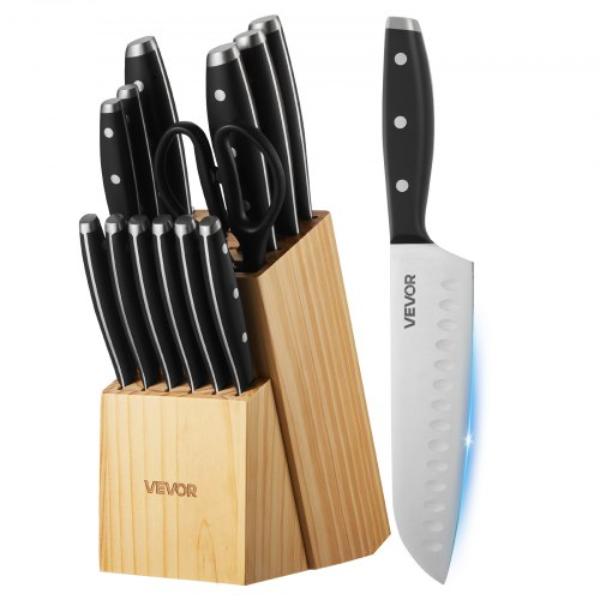 Kitchen Knife Set with Block & Sharpener - High Carbon Stainless Steel Sharp Knife Set - Kitchen Cutlery with Ergonomic Handle - 15 Piece