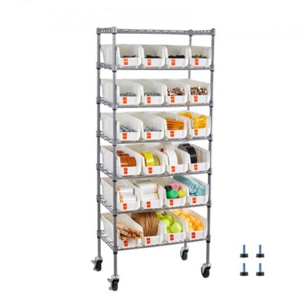 7-Tier Rolling Bin Storage Rack - 24 Small Bins - Bin Rack Storage Steel Wire Shelving System with Wheels - Mobile Tool Organizer
