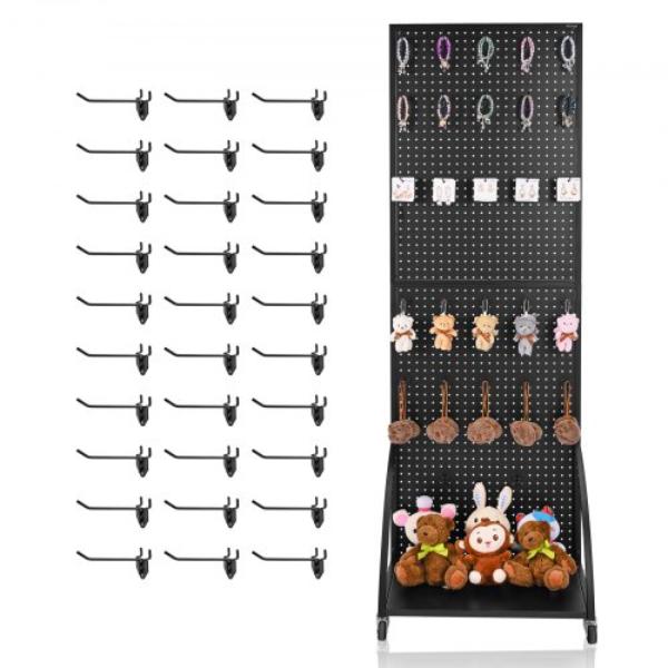 Standing Pegboard Display - Black - 23.7 x 66 in. with Base Plate - Casters & 30 Hooks - Thickened Cold-Rolled Steel for Retail Store & Jewelry Shop