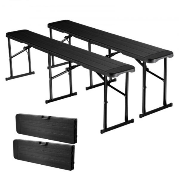 Plastic Folding Bench - 6 ft. Portable Black Bench for Outdoor Picnic Party Camping Dining - Foldable Smooth HDPE Seat - 2 Carry Bags - Pack of 2