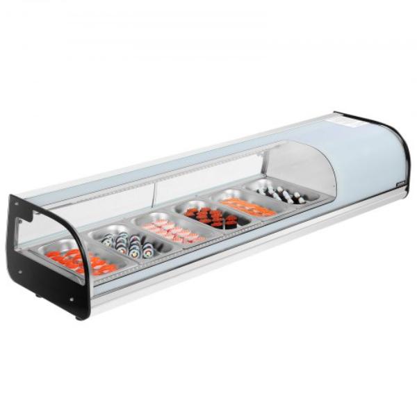 Picture of Vevor LZSSZSJTSYX6NORJR001V1 Sushi Display Case Refrigerator - 2.2 cu. ft. Commercial Sushi Case - 6-Pan Countertop Showcase with Curved Glass - LED Lighting - Digital Temperature Control