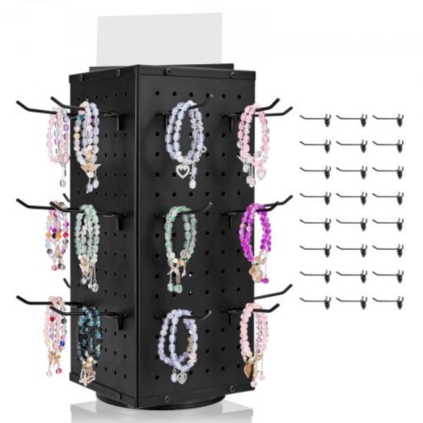 ZMXZSDBZXDPJJE9PA001V0 Rotating Pegboard Display Stand - 4-Sided Spinning Peg Board Display with 24 Hooks, Black - 7.4 x 7.4 x 17 in.