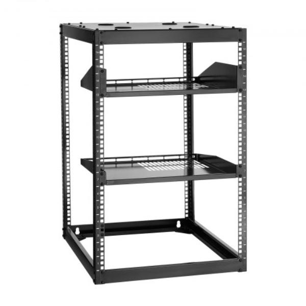 16U Open Frame Network Rack - 23 in. - Wall Mounted or Floor Standing Server Rack - Heavy Duty 4 Post with Vented Shelves & Mounting Hardware