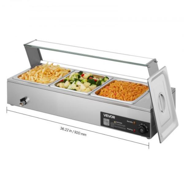 Picture of Vevor SYSPBWQ312FSIUL9D001V1 Commercial Food Warmer - 1500W Electric Stainless Steel Steam Food Warmer with Glass Cover - Countertop Buffet Bain Marie with Three 0.5 Size Food Pans