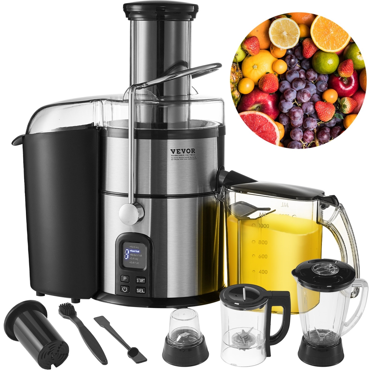 Picture of Vevor ZZJBD800W4IN1SD4DV1 Juicer Machine - 850W Motor Centrifugal Juice Extractor&#44; Easy Clean Centrifugal Juicers - Stainless Steel