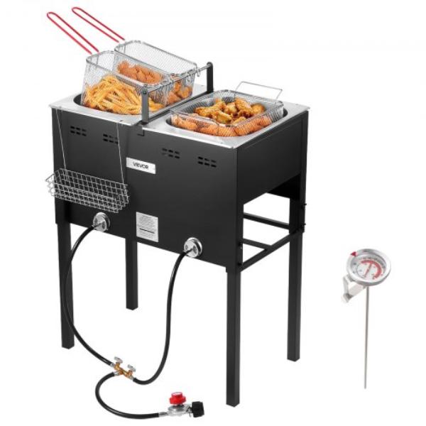 Picture of Vevor LSRQZG6LGXSGJ9I9H001V0 Outdoor Propane Deep Fryer - Dual-Tank 16 qt. x 2 - Large Commercial Fryer - Stainless Steel Fish Cooker - Thermometer - Floor Standing Fryers - 50000 BTU