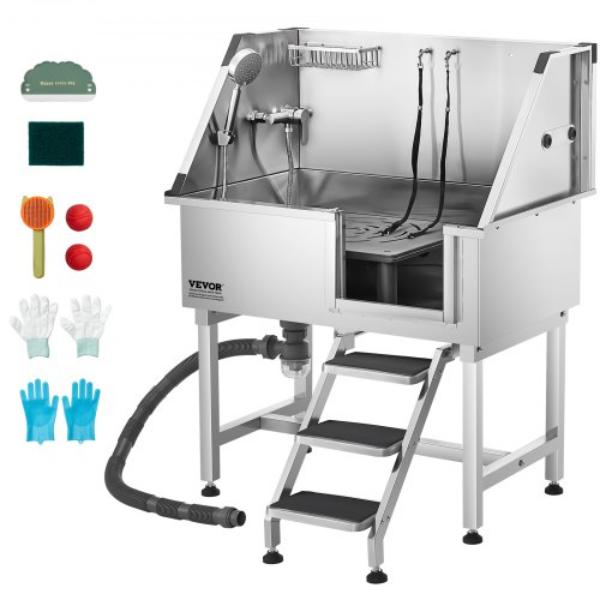 38 in. Stainless Steel Dog Washing Station - Pet Grooming Tub with Hot & Cold Faucet - Small & Medium Cats & Dogs - Non-Slip Stairs - Right Door