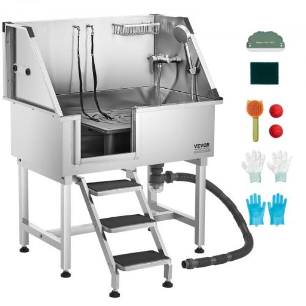 38 in. Stainless Steel Dog Washing Station - Pet Grooming Tub with Hot & Cold Faucet - Small & Medium Cats & Dogs - Non-Slip Stairs Left Door
