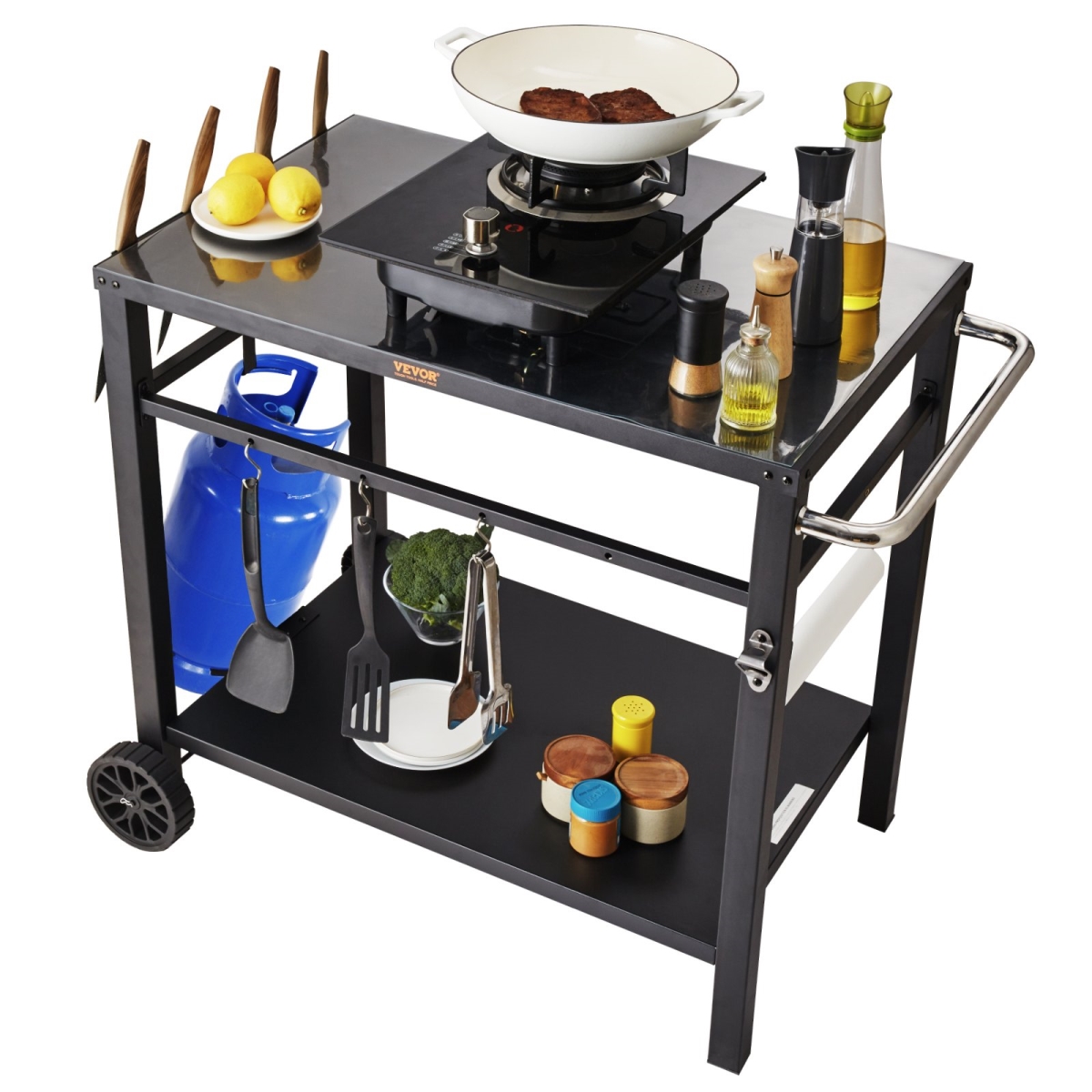 Picture of Vevor JSHWBCTC85551FX8BV0 Outdoor Grill Dining Cart with Double-Shelf, BBQ Movable Food Prep Table - Black
