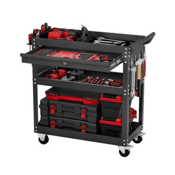 DGNGJCHCLYG1C8SKPV0 4-Tier Tool Cart with Wheels - 350 lbs - Rolling Work Cart with Drawer & Pegboard - Mechanic Tool Storage Organizer - Black