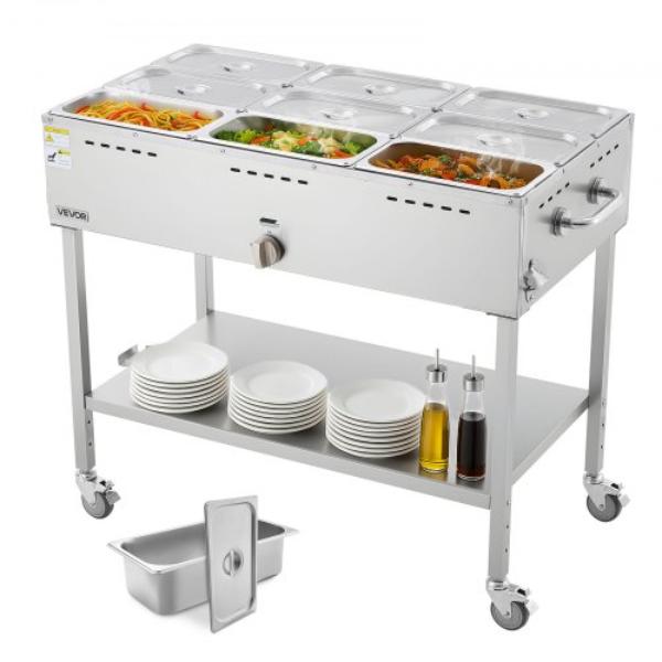 Picture of Vevor RQZQZLDKZTKZ3T35W001V0 9-Pan Commercial Propane Steam Table - Liquid Propane Gas Outdoor Soup Warmer - Stainless Steel - Adjustable Temperature - 3 in. Wheels