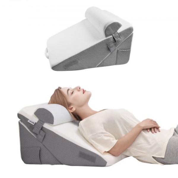 Bed Wedge Pillow for Sleeping - Adjustable Orthopedic Bed Wedge Set with Jacquard Washable Cover & Foam Support - White & Grey - 3 Piece