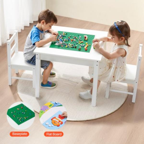 Kids Activity Table & 2 Chairs Set - Building Blocks Double-Sided Tabletop - Toddler Table & Chair Set with Storage for Kids 3 Plus Years - White