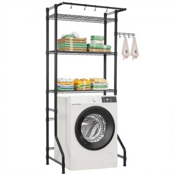 Over Washer & Dryer Storage Shelf - 3 Tiers Laundry Room Drying Rack with Hanger Rod & Hooks - Adjustable Washer Shelves Space Saver - Black