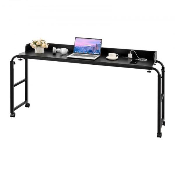 Overbed Table - Mobile Bed Side Table - Height Adjustable Rolling Laptop Desk - Particleboard - 4 Wheels 2 with Brakes - Power Socket, Black