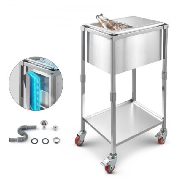 Rolling Ice Chest Cooler Cart - 20 x 14 x 38 in. Stainless Steel Cooling Bin on Wheels - 29.6 qt. Outdoor Stand Up Cooler Trolley with Shelf