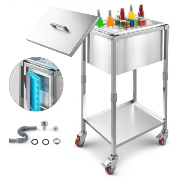 QRSCBC201BXGFZK8X002V0 Rolling Ice Chest Cooler Cart - 32.8 qt. Stainless Steel Cooling Bin on Wheels for Patio Backyard Party Bar Cold Drinks