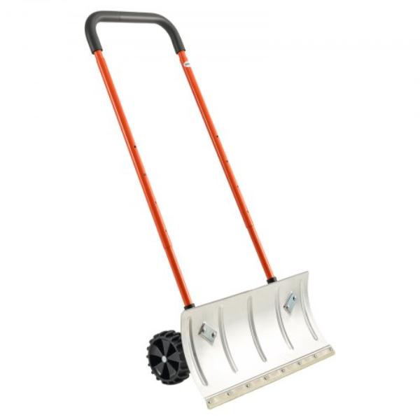 Snow Pusher Shovel - 24 in. Wheeled Snowplow Shovel with Bi-Directional Angled Blade & 90 deg Adjustable Handle - Metal Winter Shovels