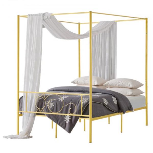 Full Size Canopy Bed Frame - Metal Canopy Bed - Minimalist Headboard - Four Posters - Heavy Duty Steel Slats - Underbed Storage Space - Gold