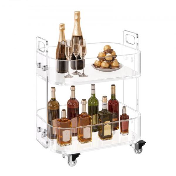 Acrylic Table - 2 Tiers Mobile Cart - Clear - Modern Rolling Storage Desk - Nightstand Side End Desk - Living Room - Bedroom - Bar - Office
