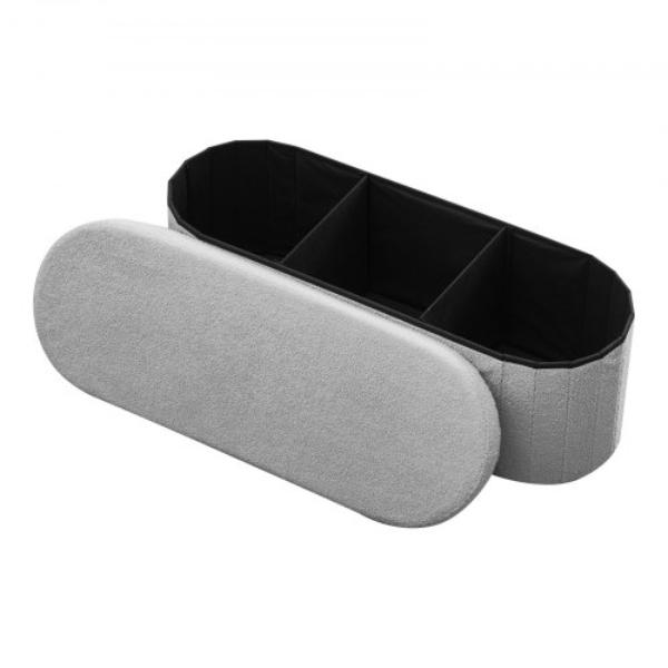 Oval Storage Ottoman Bench - Foldable Teddy Fleece - Upholstered Bed Ottoman Chest - Large Storage Space - Supports 660 lbs - Grey